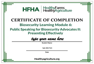 Example of the certificate of completion for HFHA learning modules.